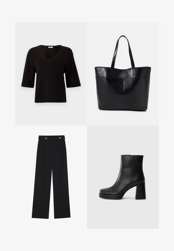 Suéter preto de malha com decote em V, mangas curtas e um corte descontraído. Textura suave com detalhes em ribana na barra e nas mangas.; Calças largas pretas com cintura alta, detalhes em botão na cintura e pregas frontais.; Bota de couro preta até ao tornozelo com salto bloco e sola com plataforma, vista de lado sobre um fundo branco liso.; Bolsa tote preta em couro com duas alças longas, textura suave e forma estruturada. Apresenta um bolso frontal para armazenamento adicional.