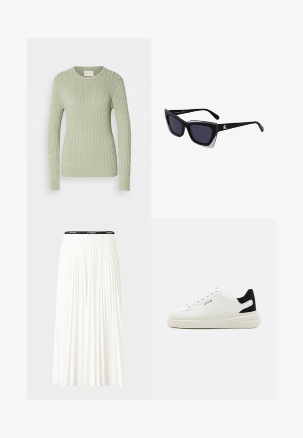 Light green cable knit sweater with a round neckline, long sleeves, and ribbed cuffs. Features a small logo on the chest.; Pleated white skirt with a black elastic waistband featuring the "LACOSTE" logo. Mid-length design with soft texture.; White leather sneakers with a thick white sole, black suede heel accent, and embossed logo on the side. Laced design with six eyelets.; Black oversized sunglasses with a geometric shape, featuring dark lenses and a contrasting grey detail on the frame. Logo on the arm.