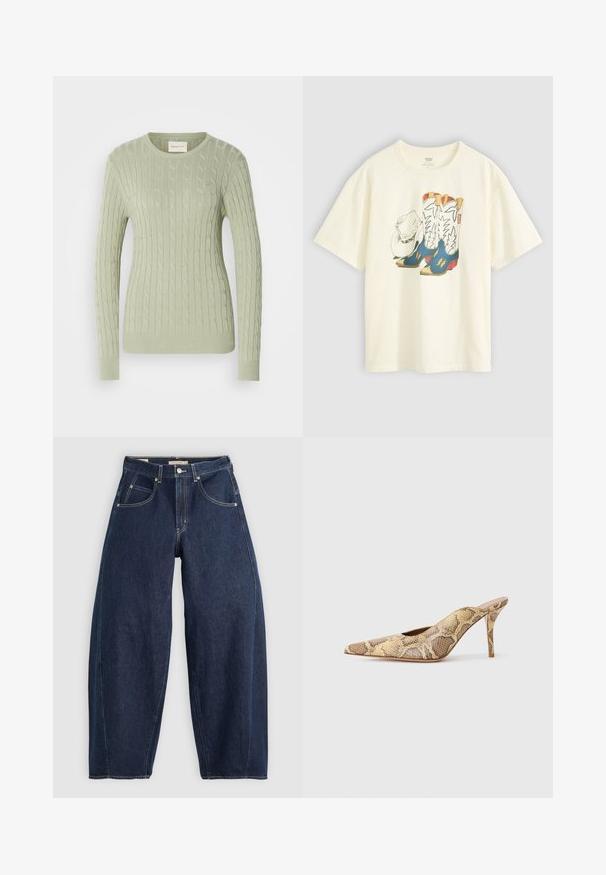 Jasnozielony sweter o splocie warkocza z okrągłym dekoltem, długimi rękawami i prążkowanymi mankietami. Posiada małe logo na piersi.; Biała bawełniana koszulka z graficznym wzorem przedstawiającym kowbojskie buty i kapelusz. Buty są niebieskie z żółtymi akcentami i białymi detalami.; Granatowe dżinsy o luźnym kroju, z jasnym przeszyciem, pięcioma kieszeniami i zapięciem na guziki w pasie.; Sandały na słupku z wydłużonym noskiem w teksturowanym wzorze węża w odcieniach beżu i brązu; charakteryzują się szpilką i wyciętymi bokami.