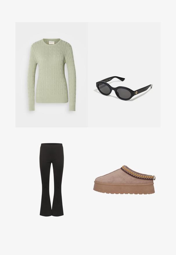 Lys grøn kabelstrikket sweater med rund halsudskæring, lange ærmer og ribbede manchetter. Har et lille logo på brystet.; Sorte flared bukser med en tætsiddende talje og glat stof, vist oprejst mod en hvid baggrund.; Brune ruskinds slip-on sko med en tyk, struktureret sål, prydet med intrikate gule og brune broderier langs den øverste kant.; Sorte ovale solbriller med mørke linser og blank plastramme. Har et guldlogo på stykket, hvilket giver et slankt og moderne design.