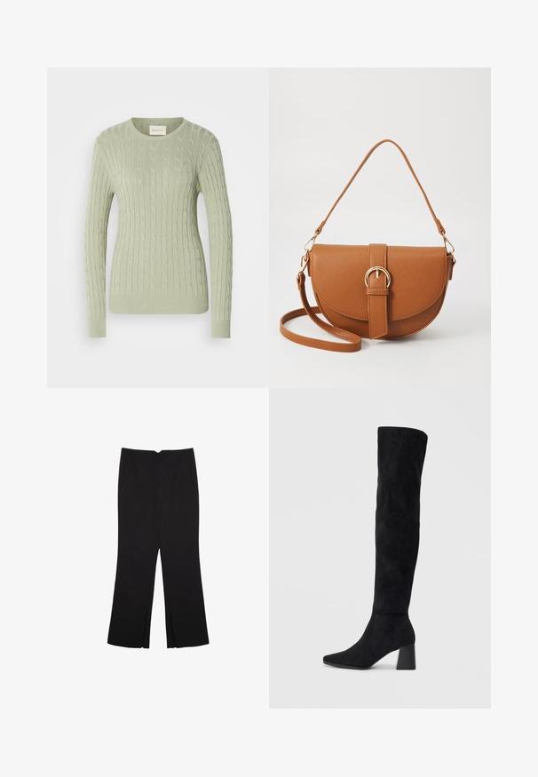 Lys grøn kabelstrikket sweater med rund halsudskæring, lange ærmer og ribbede manchetter. Har et lille logo på brystet.; Sorte bukser med lige pasform, der har frontlommer og slidser i kanten. Lavet af blødt, glat stof. Velegnet til forskellige anledninger.; Sorte ruskind støvler i knæhøjde med blokheel, spids tå og glat, sømløs design på en enkel lys baggrund.; Brun læder crossbody taske med en buet form, guldfarvet hardware og en spændeaccent. Har en aftagelig skulderrem.; Sølvmetallic læderjakke med shearlingkrave, der har lynlåslukning og tekstureret overflade. Store dråbeformede øreringe med klare edelstene.