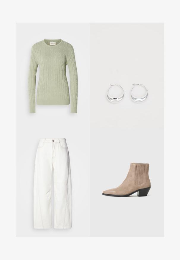 Suéter de punto en color verde claro, con cuello redondo, mangas largas y puños acanalados. Presenta un pequeño logo en el pecho.; Jeans anchos blancos hechos de denim con costuras visibles. Presentan un cierre de botón y una ligera textura. Bolsillos en la parte delantera.; Botín de ante beige hasta el tobillo con punta afilada y tacón moldeado, que presenta destacados de costura vertical en los lados.; Pendientes de aro de plata con un acabado pulido y la marca DKNY, exhibidos sobre un fondo blanco liso.