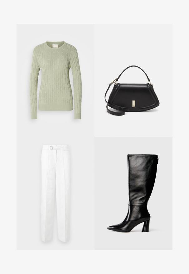 Lichtgroene kabelgebreide trui met ronde hals, lange mouwen en ribgebreide manchetten. Voorzien van een klein logo op de borst.; Witte op maat gemaakte broeken met een wijde pijp, riemlussen en een riem met een zilveren gesp. Gemaakt van lichtgewicht stof met een gladde textuur.; Zwart leren laars tot de knie met een puntige neus, gladde textuur en een chunky hak. Bevat een ritsdetail aan de achterkant.; Zwarte leren handtas met een gestructureerd ontwerp, featuring een verkorte vorm, bovenhandvat en gouden hardwareaccent. Inclusief verstelbare schouderband.