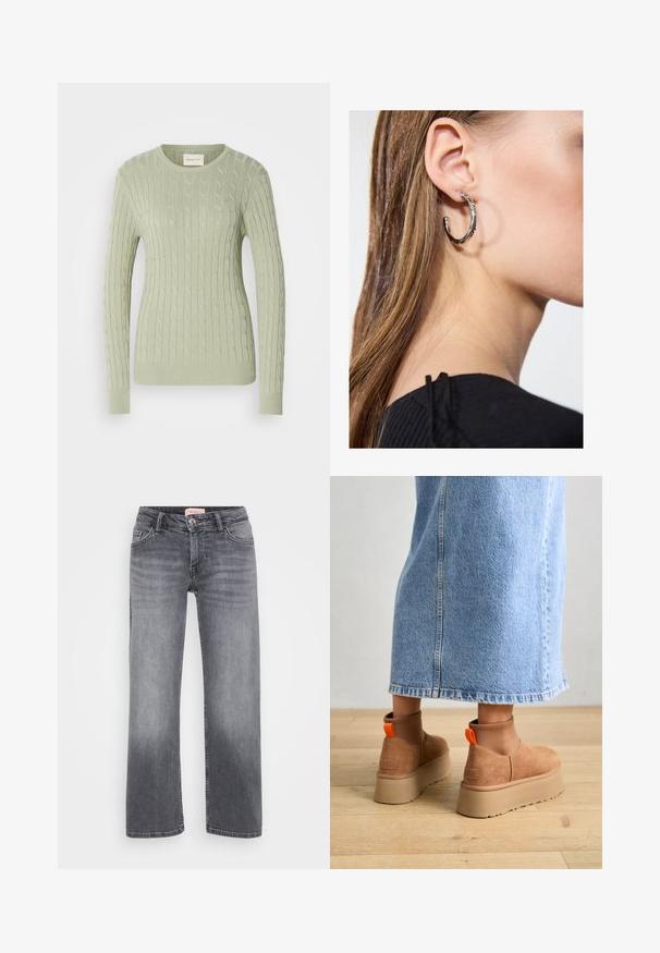 Pulover tricotat verde deschis, cu guler rotund, mâneci lungi și manșete cu nervuri. Prezintă un mic logo pe piept.; Jeans gri din denim cu un design drept, stil cu cinci buzunare, decolorare subtilă și închidere cu buton la talie.; Botine maro din suede cu platformă, cu panouri elastice pe laterale și mânere portocalii, asortate cu o fustă din denim deschis până la genunchi, pe un podea din lemn.; Cercel din argint cu un finisaj polișat, având detalii mici din aur și o formă rotundă, purtat pe lobul urechii.