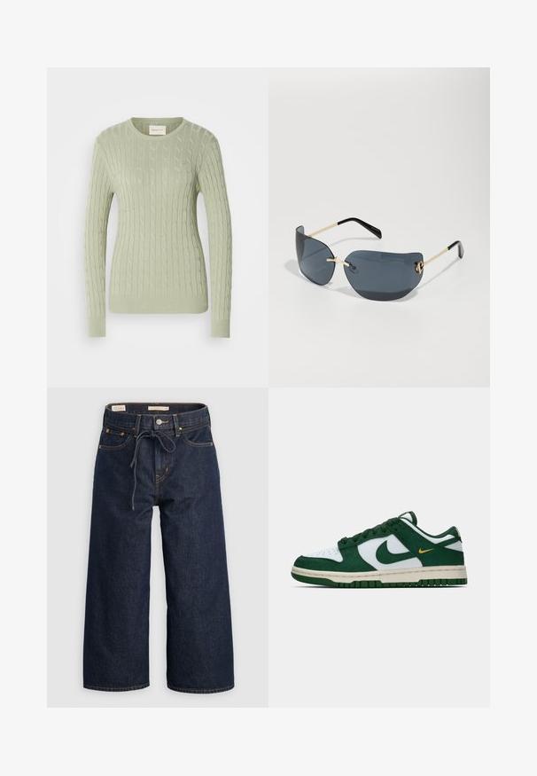 Lichtgroene kabelgebreide trui met ronde hals, lange mouwen en ribgebreide manchetten. Voorzien van een klein logo op de borst.; Donkerblauwe wijde denim jeans met een trekkoord in de taille, voorzakken en contrasterende oranje stikdetails.; Lage Nike sneaker in wit en donkergroen suede met bijpassende groene swoosh en een klein geel accent van een swoosh aan de zijkant.; ALDO PIGOWEN - Zonnebril - gold-coloured