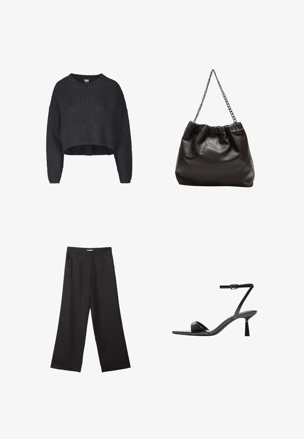 Skrócony czarny sweter z dzianiny, charakteryzujący się teksturowanym materiałem, okrągłym dekoltem i luźnymi długimi rękawami.; Czarne spodnie z szerokimi nogawkami, wykonane z gładkiego materiału, z przednim zamkiem błyskawicznym i dwoma bocznymi kieszeniami, o dopasowanym kroju i minimalistycznym wzornictwie.; Bershka - Sandały na obcasie; Brązowa skórzana torba z marszczonym szczytem i łańcuszkowym paskiem. Gładka tekstura z błyszczącym wykończeniem i subtelnymi detalami szwów po bokach.