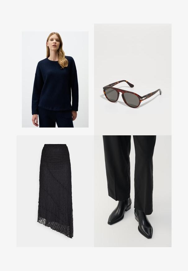 Navyblaue, strukturierte Strickjacke mit Rundhalsausschnitt und langen Ärmeln, die eine lockere Passform hat und einen Saum, der auf den Hüften endet.; ONLY ONLKIM LACE SKIRT - Maxirock - black; Schwarze Leder-Ankle-Boots mit spitzer Zehe, glatter Textur und quadratischem Absatz. Kombiniert mit schwarzen, weiten Hosen, die eine elegante Silhouette erzeugen.; Schildkrötensonnenbrille mit grauen Gläsern. Glatter Kunststoffrahmen, runde Form, metallische Akzente an den Bügeln. Lichtreflektierende Oberfläche.
