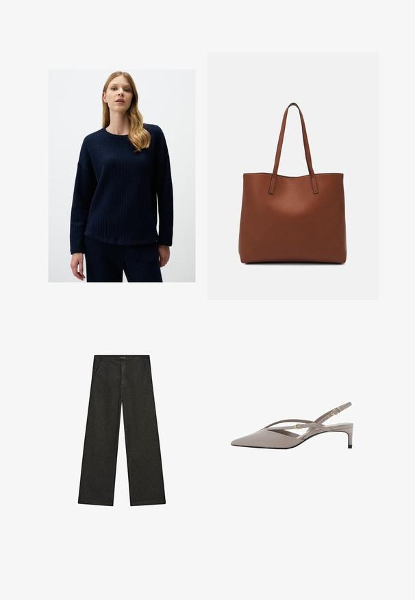 Navyblaue, strukturierte Strickjacke mit Rundhalsausschnitt und langen Ärmeln, die eine lockere Passform hat und einen Saum, der auf den Hüften endet.; Schwarz-weiße, weit geschnittene Jeans mit mittelhohem Bund, zwei Vorderentaschen und einem klaren, minimalistischen Design ohne sichtbare Verzierungen.; Beige Slingback-High Heels mit spitzem Zehenbereich, dünnen, gekreuzten Riemen und einem kurzen Stiletto-Absatz. Glattes Material mit goldfarbenen Hardware-Akzenten.; Braune Leder-Tote mit glatter Textur, offenem Oberteil und zwei Schulterriemen. Verfügt über minimale Nähte und keine sichtbaren Beschläge.