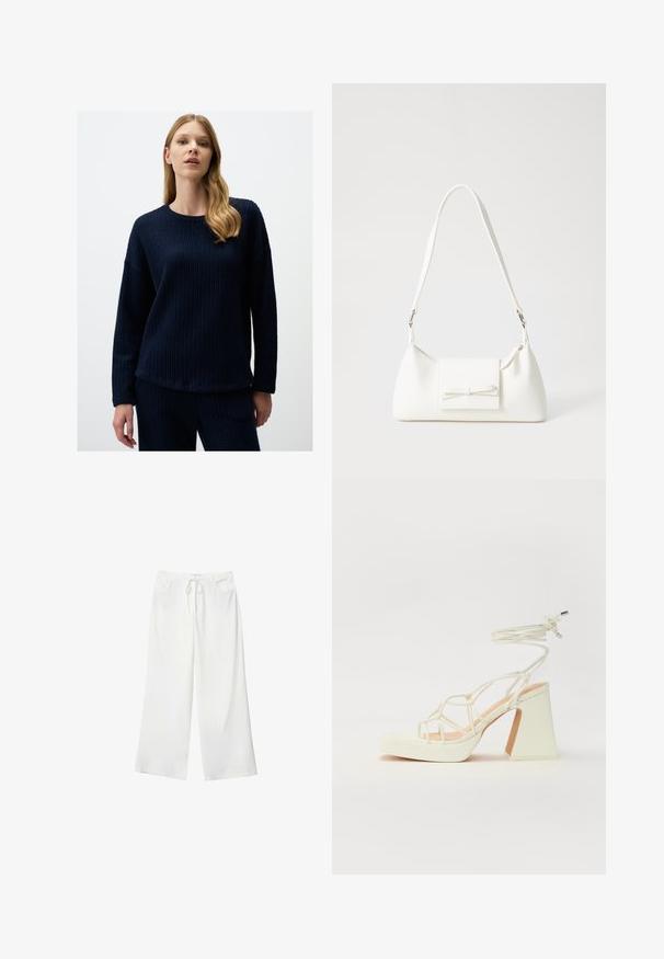 Navyblaue, strukturierte Strickjacke mit Rundhalsausschnitt und langen Ärmeln, die eine lockere Passform hat und einen Saum, der auf den Hüften endet.; Weiße, weite Hosen aus weichem Stoff, mit einem Kordelzug in der Taille und zwei vorderen Taschen. Glatte Textur und keine sichtbaren Muster.; Weiße High-Heel-Sandale mit einem klobigen Absatz, die über ein Riemchendesign und ein Knöchelband verfügt. Glatte Textur mit einer Plattform vorne für zusätzliche Höhe.; Weiße synthetische Handtasche in dreieckiger Form, flache Vorderklappe und Schleifendetail, verstellbarer Trageriemen, glatte Textur und minimalistisches Design.