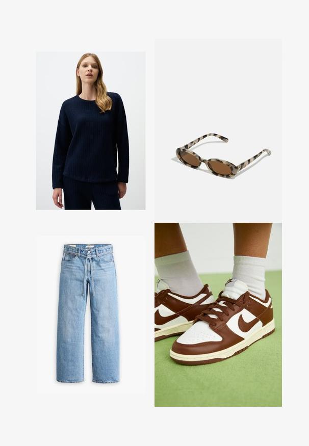 Pull en tricot texturé bleu marine avec un col rond et des manches longues, présentant une coupe décontractée et un ourlet qui tombe au niveau des hanches.; Jeans en denim bleu clair à jambes larges avec une taille haute, fermeture à bouton et à glissière, et un détail à cordon à la taille. Finition à l'ourlet brut.; Baskets en cuir marron et blanc avec bout perforé, accents texturés et lacets plats. Le modèle présente un design bas et une semelle en caoutchouc.; Lunettes de soleil en écaille avec des verres ovales, teinte brune et branches fines à motif. Matériau plastique léger avec de subtils accents dorés.