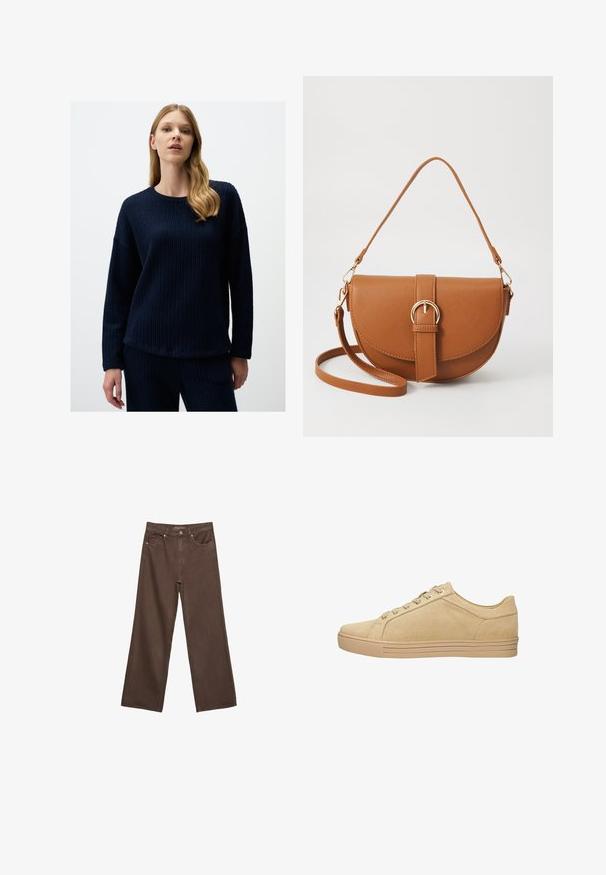 Navyblauwe gebreide trui met een ronde halslijn en lange mouwen, met een relaxte pasvorm en een zoom die op de heupen valt.; Brede bruine spijkerbroek van denim, met een hoge taille, voorzakken en een klassieke knoopsluiting. Soepele textuur met subtiele stiksels.; Beige suède sneakers met ronde neus, platte zool en zes veterschoenogen. Glad textuur en minimalistisch ontwerp, met subtiele zijknaden.; Bruine leren schoudertas met een gebogen vorm, gouden hardware en een gespaccent. Bevat een afneembare schouderriem.
