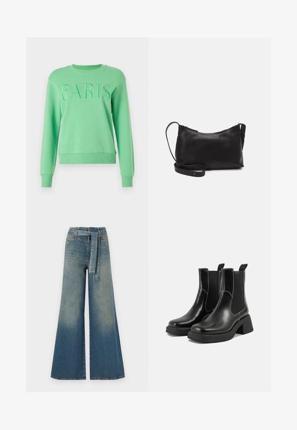 Mintgrønn genser med strukturert 'PARIS'-logo, mannsfals, lange ermer og ribbestrikkede mansjetter og kant. Laget av mykt stoff.; Bredde ben jeans med en lyseblå til mørkeblå gradient, høyt liv, beltehemper og et matchende belte i samme stoff. Teksturert denimoverflate.; Sorte lær Chelsea støvler med en kraftig hæl, elastiske sidepaneler og kontrasterende hvid syning. Teksturert overflate.; Svart skinn skulderveske med glatt tekstur, buet form, justerbar stropp og glidelås. Minimalistisk design uten dekorasjoner.