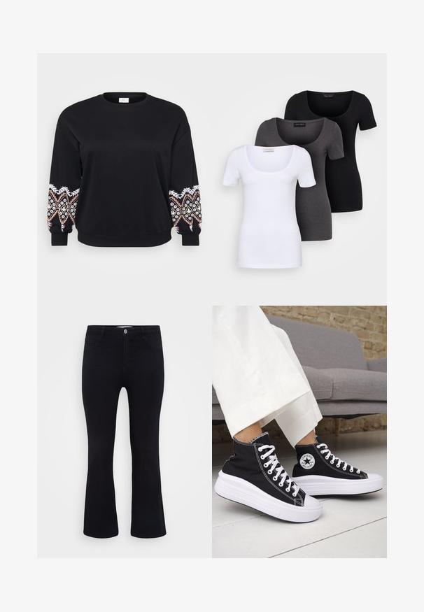 Juodas džemperis su apvaliu kaklu. Ilgos rankovės, dekoruotos sudėtingais išsiuvinėjimais balta, rožine ir geltona spalvomis ant rankogalių. Minkšta medžiaga.; Trys priderinti marškiniai: balti, pilki ir juodi. Kiekvienas turi plačią apvalią iškirptę ir trumpas rankoves. Pagaminti iš lygaus, tamprių audinio.; ONLY Carmakoma CARTHUNDER PUSH UP - Platėjantys džinsai - black denim; Juodi aukštakulniai sportbačiai su baltais guminiu padu ir raišteliais. Ant jų yra apvalus logotipo lopas ir kontrastingos baltos siūlės. Pagaminti iš drobės medžiagos.
