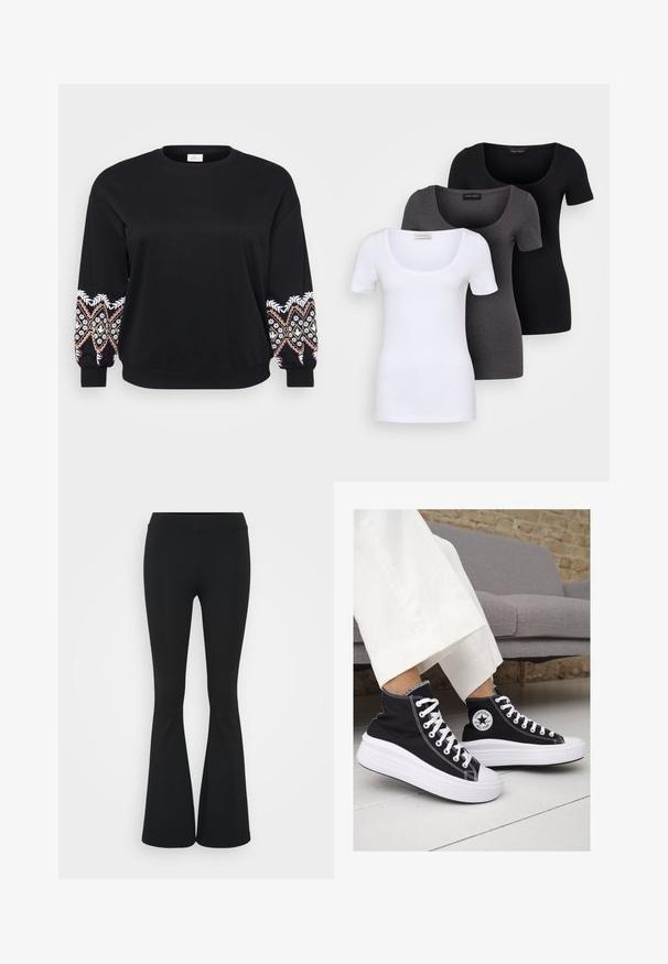 Melna sporta krekls ar apaļu kakla izgriezumu. Garas piedurknes, kas rotātas ar sarežģītiem izšūtiem rakstiem baltā, rozā un dzeltenā krāsā pie aprocēm. Mīksts audums.; Trīs pieguļoši T-krekli baltā, pelēkā un melnā krāsā. Katram ir plaša izgriezuma kakla un īsas piedurknes. Izgatavoti no gluda, elastīga auduma.; Melnas izplešanās bikses, izgatavotas no elastīga auduma, ar augstu vidukli un gludu tekstūru. Bikses izvēršas no ceļa.; Melni kanvas augstpapēžu apavi ar baltām gumijas zolēm un auklām. Ievērojams aplis logotips sānos un kontrastējoša balta šuvums.