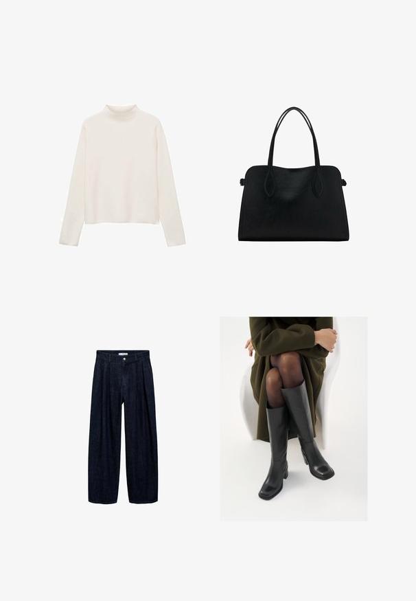 Pulover cu guler înalt crema, cu mâneci lungi, material moale, croi lejer, design minimalist, fără modele sau accente vizibile.; Pantaloni largi din denim închis, cu pliseuri la talie, având un button frontal și pasaje pentru curea. Textură netedă și design pe întreaga lungime.; Cizme din piele neagră, până la genunchi, cu vârf pătrat și toc bloc, prezentate pe un model așezat într-o haină verde măsline. Textură netedă, detalii minime.; Geantă din piele neagră cu două mânere pentru umăr, formă rectangulară și design minimalistic pe un fundal alb.