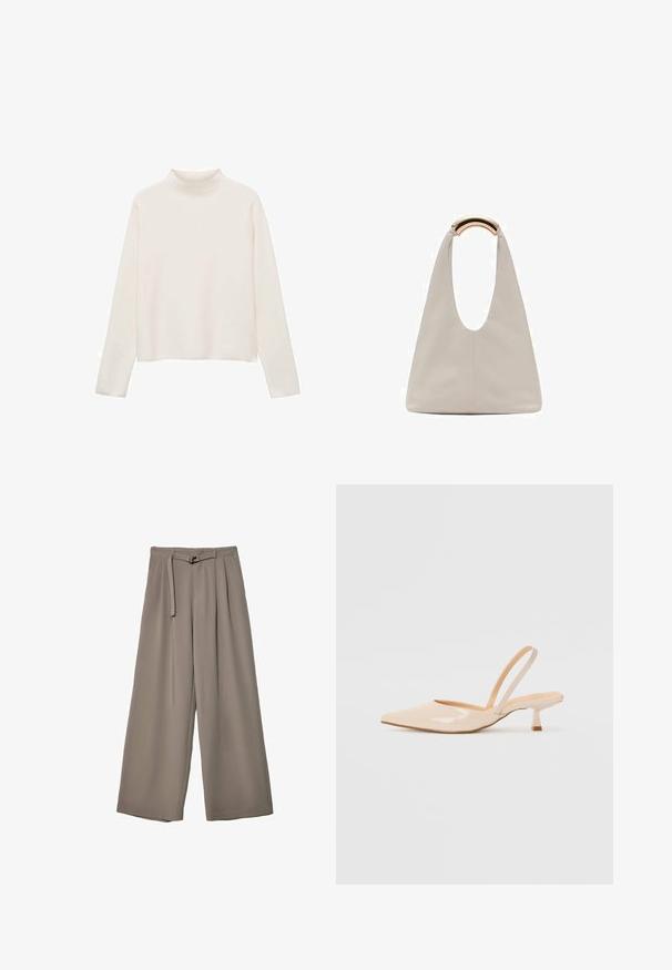 Maglione a collo alto crema, maniche lunghe, tessuto morbido, vestibilità rilassata, design minimalista, senza motivi o dettagli visibili.; Pantaloni a gamba larga in un morbido tessuto grigio tenue, con vita con cintura e pieghe per un tocco di design aggiuntivo. Texture liscia, senza motivi.; Décolleté in vernice color beige con punta affusolata e tacco slim a forma quadrata. Texture liscia e design minimalista senza decorazioni.; Borsa in pelle grigio chiaro con design a forma di U e manico metallico curvo. Texture liscia con cuciture minime e senza motivi visibili.