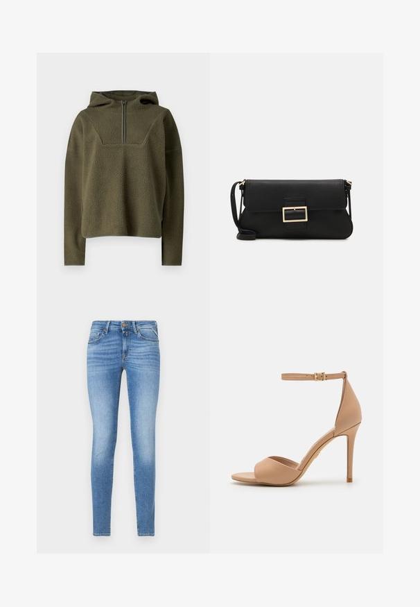 Oliwkowy polar z kapturem, z przodu na pół zamka błyskawicznego, fakturowany materiał oraz kontrastowe wykończenie na dole i przy mankietach.; Slim-fit jasnoniebieskie dżinsy z średnim stanem, z przodem na guzik i pięcioma kieszeniami.; ALDO CRERIDE beżowy; Czarna skórzana torebka kopertowa z klapką i detalem w postaci złotej metalowej klamry. Zawiera czarny pasek oraz elegancki, minimalistyczny design.; Złote kolczyki w kształcie kółek o gładkim, błyszczącym wykończeniu. Okrągły design z małym klipsem i przezroczystym zapięciem zapewniającym bezpieczne noszenie.