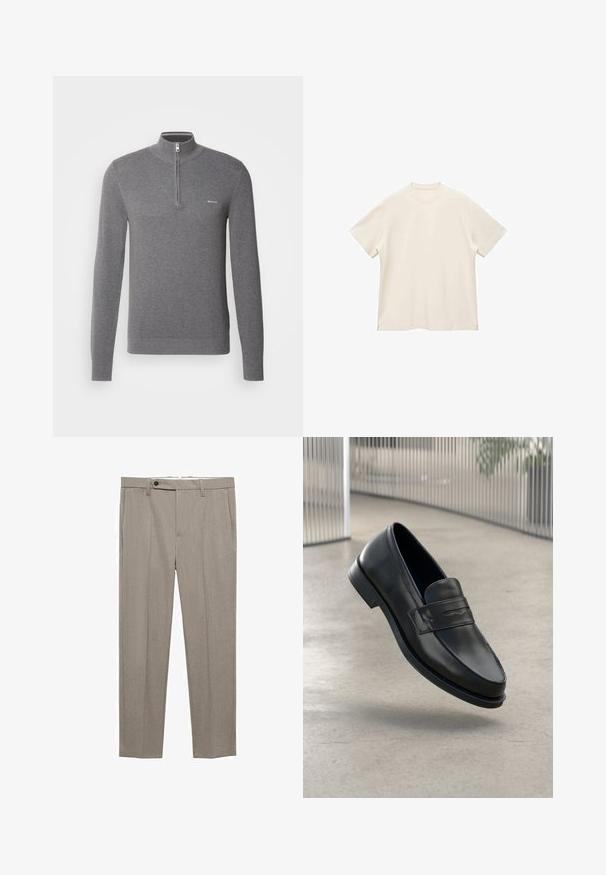 Grauer Langarmpullover mit Halbreißverschluss-Kragen, strukturiertem Strickmuster und kleinem Logo auf der linken Brust.; Kurzärmliges T-Shirt mit Rundhalsausschnitt aus weichem, elfenbeinfarbenem Stoff, das eine glatte Textur und Seitenschlitze für eine lockere Passform bietet.; Beige maßgeschneiderte Hose mit glatter Textur, geradem Schnitt und einem einzigen Knopfverschluss vorne. Verfügt über seitliche Taschen und einen sauberen Saum.; Schwarzer Lederloafer mit glatter Textur, spitzer Zehe und einem dekorativen Riemen über dem Rist. Leichte Sohle, minimalistisches Design.