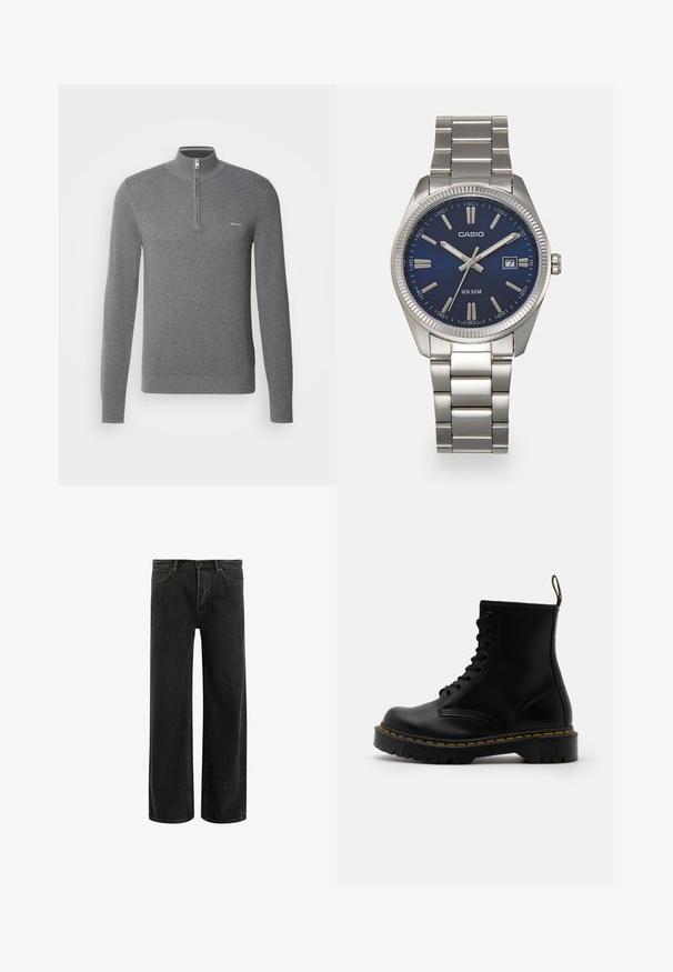 Pullover grigio a maniche lunghe con colletto a mezza zip, motivo a maglia testurizzata e un piccolo logo sul lato sinistro del petto.; Jeans wide-leg in denim nero con vita alta, caratterizzati da un classico design a cinque tasche e da un leggero sbiadimento per un aspetto testurizzato.; Stivaletti alla caviglia in pelle nera con lacci anteriori, cuciture gialle, punta rotonda e suola in gomma spessa e testurizzata.; Orologio da polso in acciaio inossidabile argento con quadrante blu navy, indici metallici e finestra della data alle 3. Resistente all'acqua fino a 50 metri.