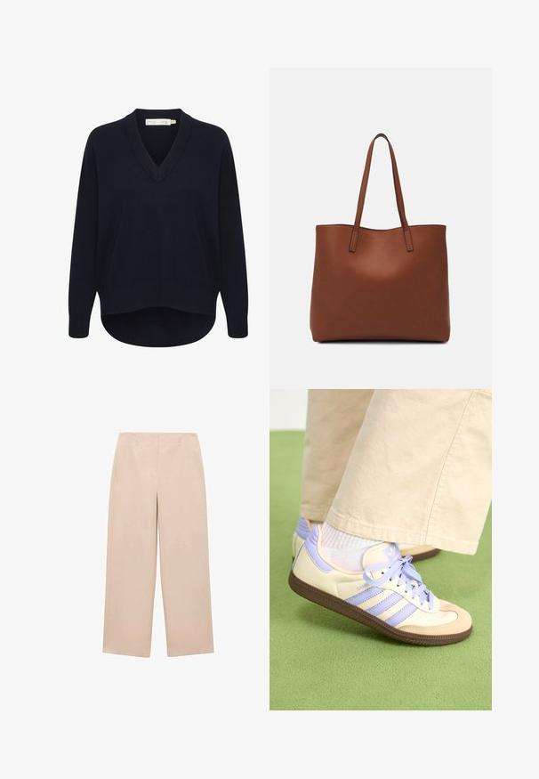 Marinblå V-ringad tröja med långa ärmar, en avslappnad passform och en rundad nederkant. Tillverkad av mjukt, texturerat tyg med minimala etiketter.; Beiga vida byxor gjorda av slät tyg, med en rak front och bältesöglor, utan synliga mönster eller dekorationer.; Krämfärgade och lavendelfärgade sneakers med tre ränder och en texturerad brun sula, med snören och en vadderad häl. Mjuk tygobero.; Brun läder tote-väska med en slät textur, öppen toppdesign och två axelremmar. Har minimal söm och ingen synlig metalldetalj.
