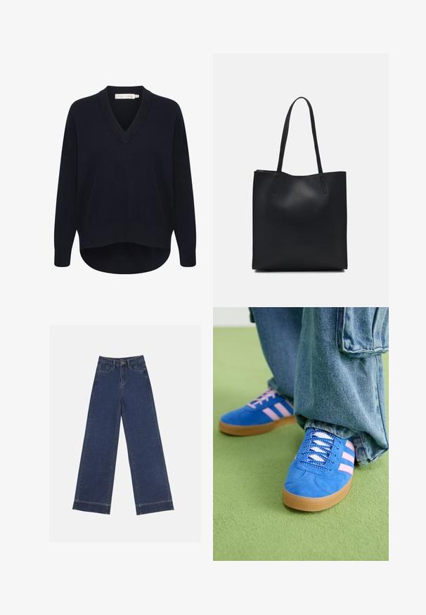 Mornarsko modra pulover z V-izrezom, dolgimi rokavi, sproščenim krojem in ukrivljenim robom. Narejen iz mehkega, teksturiranega blaga, z minimalnimi oznakami.; Široke traperice v temno modrem denimu. Imajo pet žepov, zanke za pas in surov rob na dnu z vidnimi šivi.; Modri semiš čevlji z rožnatimi črtami in belimi vezalkami, z gumijastim podplatom, v kombinaciji z ohlapnimi jeans hlačami na zeleni površini.; Črna usnjena torba s svilnato teksturo, pravokotne oblike in dvema dolgima ročajema. Brez vidnih metalnih delov ali okrasnih elementov.