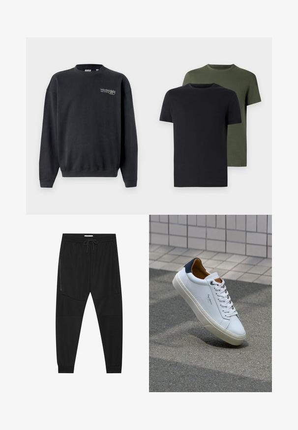 Black cotton sweatshirt with ribbed cuffs and hem. Features a small logo in light-colored text and a relaxed fit design.; Two crew-neck t-shirts in black and olive green, made of soft cotton fabric. The design is simple with short sleeves and a straight cut.; Black athletic pants made of textured fabric, featuring an adjustable waistband, zippered side pocket, and tapered cuffs.; White leather sneaker with a navy heel, round toe, and contrasting brown accents. Features flat laces and textured rubber sole.