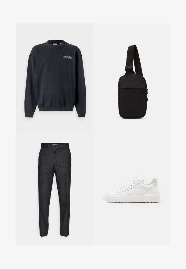 Černá bavlněná mikina se žebrovanými manžetami a lemem. Obsahuje malé logo ve světle barevném textu a má uvolněný střih.; Černé kalhoty vyrobené z hladkého materiálu, s předním zapínáním na knoflík, rovnými nohavicemi a bez viditelných kapes či vzorů.; Bílé kožené tenisky s hladkým povrchem, zaoblenou špičkou, plochými tkaničkami a texturovanou podrážkou. Šedý semišový detail na patě.; Černá crossbody taška vyrobená z odolné tkaniny, s jedním nastavitelným popruhem, zapínacím hlavním oddělením a přední kapsou.