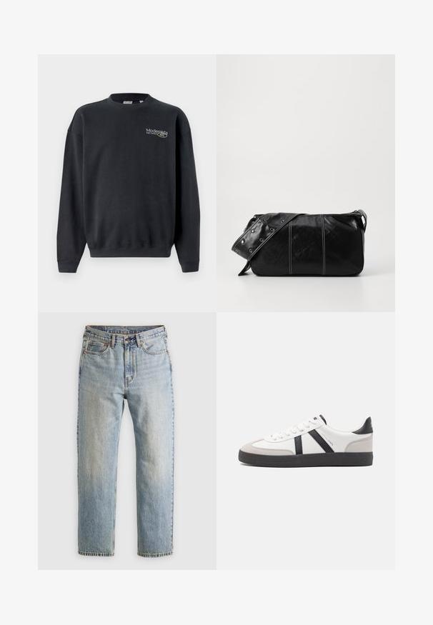 Crni pamučni dukserica s rebrastim manžetama i rubom. Sadrži mali logo u svijetloj boji i dizajn opuštenog kroja.; Svijetloplave traperice visoki struk, prednji gumb, zatvarač i dizajn s pet džepova, položene ravno na neutralnoj pozadini.; Bijele tenisice s crnim i sivim detaljima, s teksturiranim sivim zaštitnikom prstiju, crnim gumene potplate i ravnim bijelim vezicama. Čist dizajn, minimalistički stil.; Crna kožna torba preko ramena s zatvaranjem na patentni zatvarač, s teksturiranim tijelom, bijelim šavovima i remenom sa srebrnim okovima.