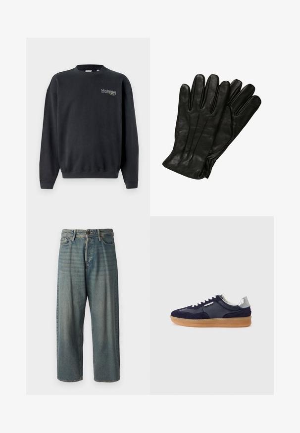 Sweatshirt preto de algodão com punhos e bainha canelados. Apresenta um pequeno logotipo em texto de cor clara e um design de ajuste relaxado.; Jeans de ganga azul claro com um corte solto, cintura média e pernas retas. Apresenta cinco bolsos, passadores de cinto e fecho com botão.; Sapatilhas de camurça e pele azul marinho com sola de borracha, cadarços brancos e um detalhe prateado no calcanhar. Design de cano baixo com detalhes texturizados.; Luvas de couro preto com uma textura lisa, cinco dedos e detalhes de costura subtis. Design clássico, adequado para uso em clima frio.