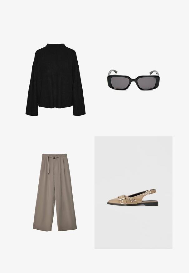 Pieces - Sweter; Spodnie o szerokich nogawkach w miękkim, stonowanym szarym materiale, z paskiem w talii i plisami dla dodania detali projektowych. Gładka tekstura, bez wzorów.; Beżowe lakierowane buty na obcasie typu slingback z wydłużonym noskiem, dwoma regulowanymi klamrami i niskim czarnym obcasem. Gładka tekstura z błyszczącym wykończeniem.; Czarne prostokątne okulary przeciwsłoneczne z ciemnymi soczewkami, gładką plastikową ramką i wygiętymi zausznikami. Projekt jest masywny, o minimalistycznej estetyce.; Beżowa skórzana torebka o unikalnym kształcie, z dwoma krótkimi uchwytami i długim, regulowanym paskiem. Gładka tekstura z minimalną ilością elementów metalowych.