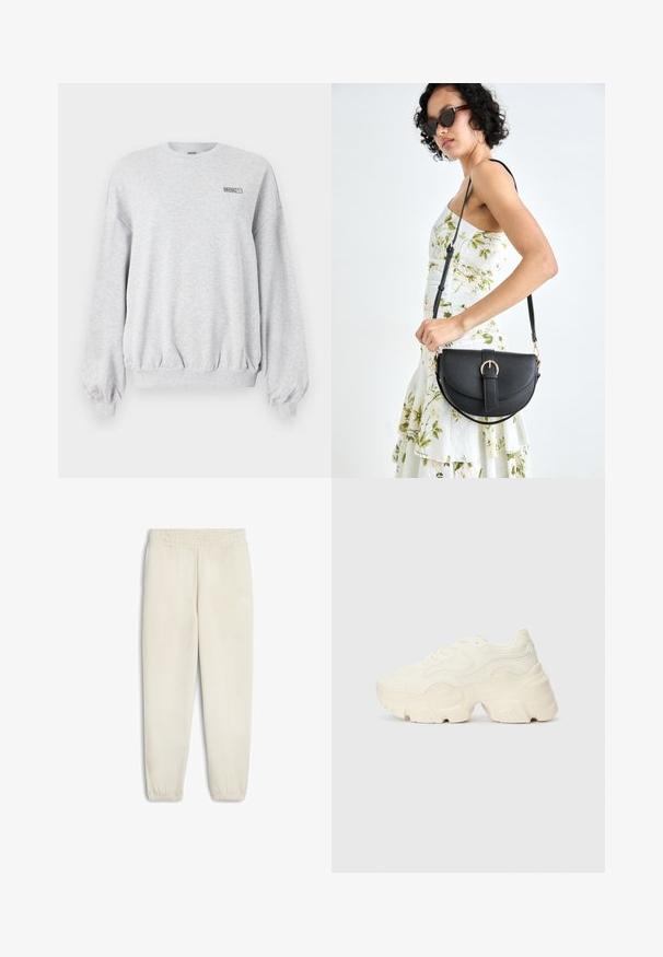 Világosszürke, hosszú ujjú pulóver bordás mandzsettákkal és szegéllyel, kis fekete "ROSIE" logóval és Puma emblémával a bal mellrészen.; Világos bézs színű, puha anyagból készült melegítőnadrág, elasztikus derékrésszel, bokánál szűkített szárakkal és egy kis fehér logóval az oldalon.; Tömbös fehér sneakers, amely texturált hálóból és szintetikus anyagokból készült, vastag talppal és bonyolult mintázattal az oldalakon.; Fekete bőrtáska ívelt formával, levehető pánttal és arany színű fémrészekkel. A táskán egy csattal díszített fedél található.