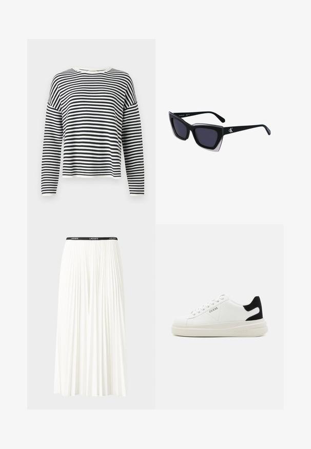 Pika varrukatega, ümmarguse lõikega särk pehmest kangast, millel on mustad ja valged horisontaalsed triibud. Omab soonikkateta varrukate ja hemmi.; Kurtitudega valge seelik musta elastse vööga, millel on "LACOSTE" logo. Keskmise pikkusega disain pehme tekstuuriga.; Valged nahast tennisetossud paksu valge tallaga, musta sametist kontsakeeuga ja külje peal riigilogo reljeefne kujundus. Lukkeskeem kuue silmaauguga.; Mustad suured mustad prillid geomeetrilise kujuga, tumedate läätsedega ja kontrastse halli detailiga raamidel. Logo käe peal.