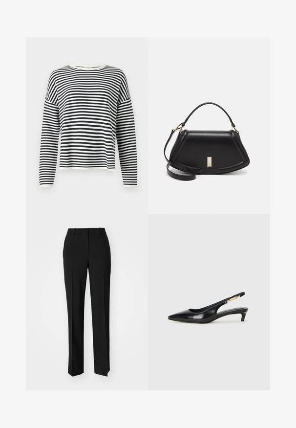 Długi rękaw, bluzka z okrągłym dekoltem, wykonana z miękkiego materiału w czarno-białe poziome paski. Posiada ściągacze przy mankietach i u dołu.; Czarne spodnie o dopasowanym kroju z prostymi nogawkami, o gładkiej fakturze i wyraźnych zagięciach z przodu. Bez widocznych elementów metalowych.; Czarne skórzane szpilki typu slingback z ostrym noskiem, posiadające smukły obcas i złoty akcent na regulowanym pasku. Gładka tekstura.; Czarna skórzana torebka o strukturalnym designie, z przyciętą formą, górnym uchwytem i złotymi akcentami. W zestawie regulowany pasek na ramię.