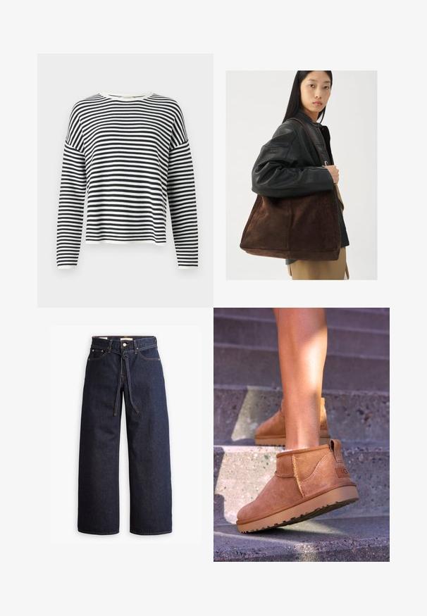 Hosszú ujjú, környakú felső, puha anyagból, fekete-fehér vízszintes csíkokkal. Bordázott mandzsettákkal és aljjal rendelkezik.; Széles lábú, sötétkék farmernadrág magas derékkal, húzózsinórral, öt zsebbel és kontrasztos varrással.; Barna nubuk bokacsizmák, puha textúrával, varrott részletekkel és gumitalpakkal, hurok alakú sarokkal a könnyű felvétel érdekében.; Barna velúr válltáska széles formával és puha textúrával, egyetlen pánttal és minimális fémalkatrészekkel egy semleges háttér előtt.