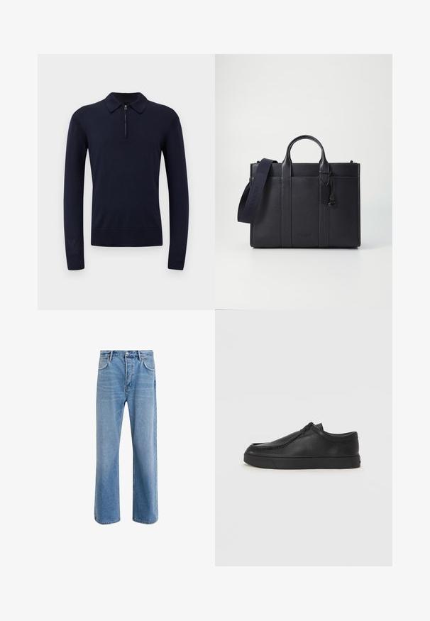 Marineblaues Strickpolo mit Reißverschlusskragen, langen Ärmeln, gerippten Bündchen und einem taillierten Saum. Glatte Textur mit minimalistischem Design.; Helle blaue Jeans im Geradeschnitt-Design, mit fünf Taschen, Knopfverschluss, minimaler Ausbleichung und kontrastierenden Nähdetails.; Schwarze Leder-Schlupfschuhe mit runder Zehenform, genähten Details und schwarzer Gummisohle. Glatte Textur mit minimalistischem Design.; Dunkelblaues Lederaktentasche mit doppelten oberen Griffen und einem abnehmbaren Gurt. Merkmale sind die strukturierte Oberfläche, vertikale Nähte und das Logo-Detail.