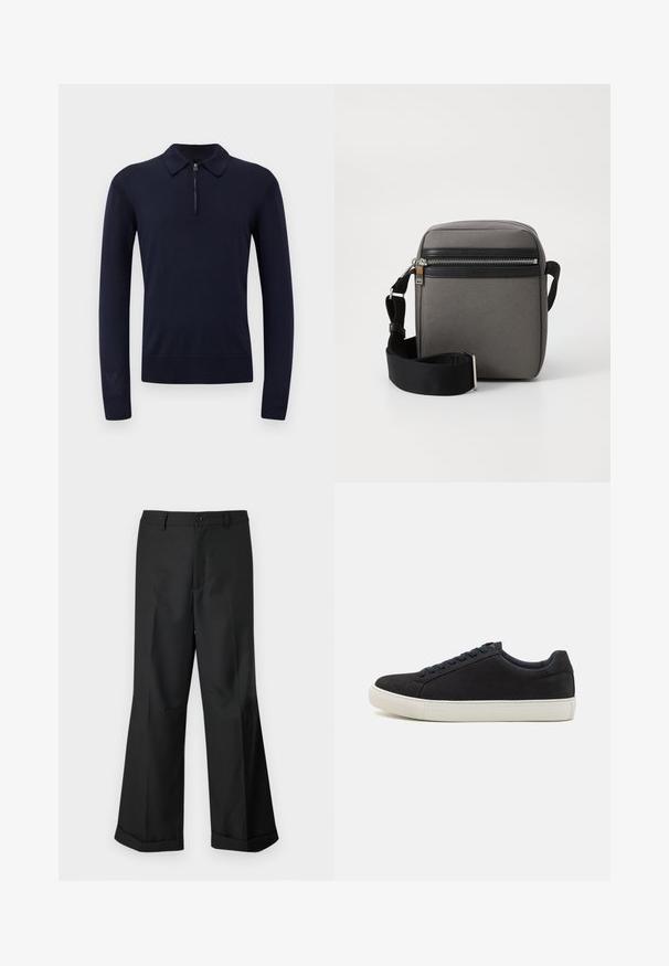 Jūras zilas adījuma polo džemperis ar rāvējslēdzēja apkakli, garām piedurknēm, ribotām aprocēm un pieguļošiem malām. Gluda tekstūra ar minimālisma dizainu.; Melni plaši bikses ar pogājam jostu un apakšdaļu ar aprocēm, izliktas uz vienkārša balta fona.; Melnas zamšādas sporta apavi ar noapaļotu purngalu, baltu gumijas zoli, kontrastējošām zilo auklēm un gludu faktūru. Minimālistisks dizains bez redzamas logo.; Pelēka auduma plecu soma ar melnu kabatu ar rāvējslēdzēju, regulējamu siksnu un taisnstūra formu. Iezīmējas ar gludu tekstūru un metāla furnitūru.