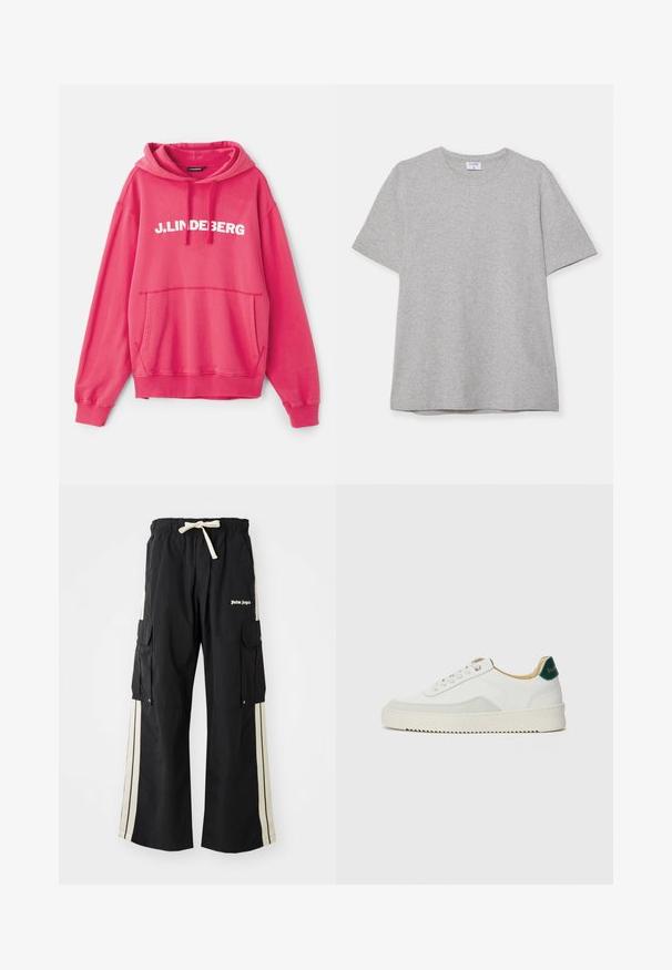 Pink sweatshirt med hætte, der har en frontlomme. Brandlogoet "J.LINDEBERG" er tydeligt vist i hvidt henover brystet.; Grå kortærmet T-shirt lavet af blødt, struktureret stof. Har en klassisk rund hals og en lige kant, velegnet til afslappet brug.; Sorte cargo bukser med elastisk talje og snoretræk, har cremefarvede sidelommer, flere lommer og logo detalje foran.; Hvide sneakers med ruskindsdetaljer, rund tå, flade snørebånd og en cremet gummisål. Har grøn branding på hælen.