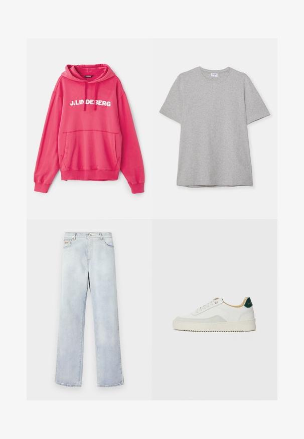 Rosa Kapuzensweatshirt mit einer Fronttasche. Das Markenlogo "J.LINDEBERG" ist auffällig in Weiß über die Brust gedruckt.; Graues T-Shirt mit kurzen Ärmeln aus weichem, strukturiertem Stoff. Verfügt über einen klassischen Rundhalsausschnitt und einen geraden Saum, geeignet für legere Trageanlässe.; Hellblaue Jeans aus Denim mit geradem Bein, ausgestattet mit einem Knopfverschluss, fünf Taschen und Kontrastnähten.; Weiße Sneaker mit Wildlederelementen, runder Zehenpartie, flachen Schnürsenkeln und einer cremefarbenen Gummisohle. Mit grünen Markenlogo am Fersenbereich.