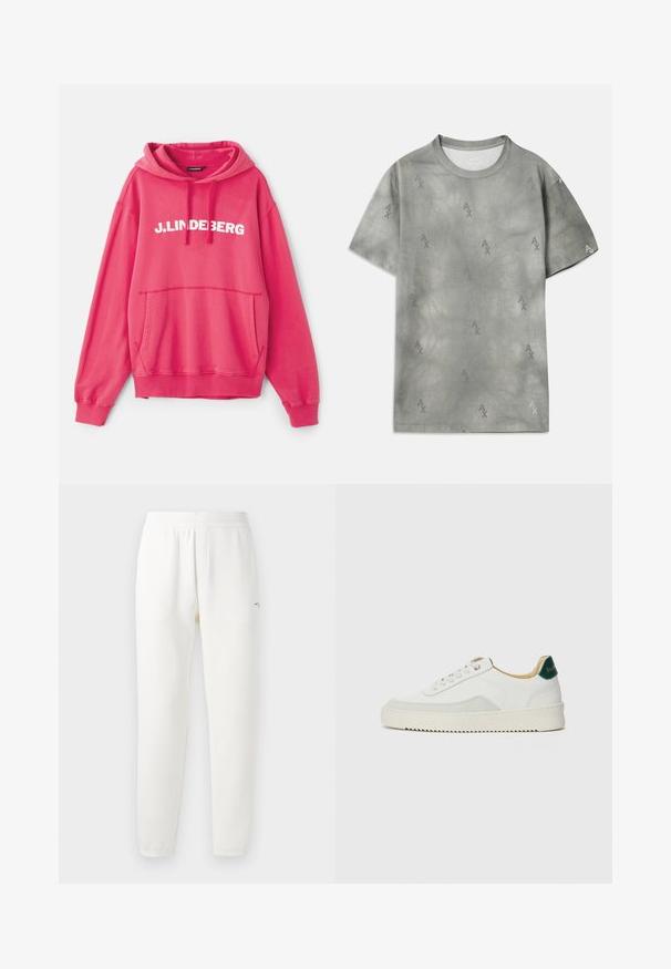 Rosa Kapuzensweatshirt mit einer Fronttasche. Das Markenlogo "J.LINDEBERG" ist auffällig in Weiß über die Brust gedruckt.; Graues Baumwoll-T-Shirt mit dezentem AX-Logo-Muster, Rundhalsausschnitt, kurzen Ärmeln und lockerer Passform. Glatte Textur mit einem leicht verwaschenen Stil.; Weiße Jogginghosen aus weichem Stoff, mit einem elastischen Bund, schmal zulaufenden Beinen und einem kleinen Logo auf der linken Seite.; Weiße Sneaker mit Wildlederelementen, runder Zehenpartie, flachen Schnürsenkeln und einer cremefarbenen Gummisohle. Mit grünen Markenlogo am Fersenbereich.