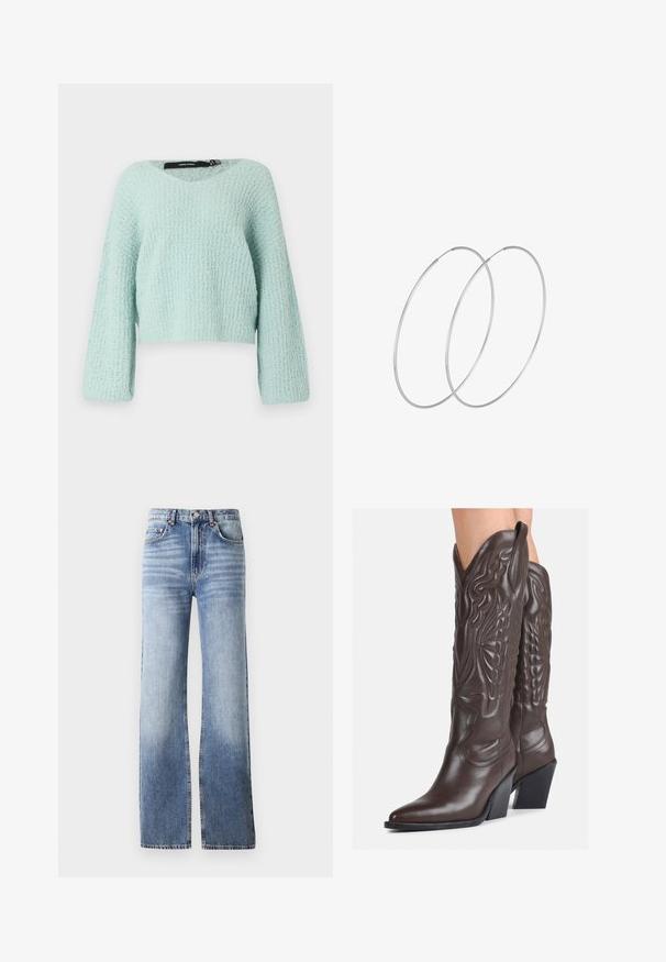 Jasno-miętowa, skrócona sweter z dekoltem w kształcie litery V, długimi rękawami i teksturowanym splotem. Posiada luźny krój i miękki wygląd.; Jasnoniebieskie dżinsy z wysokim stanem, szeroką nogawką i subtelnym przetarciem. Posiadają zapięcie na guzik oraz pięć kieszeni.; Brązowe skórzane kowbojki z noskiem w kształcie migdała i blokowym obcasem, z detalicznym przeszyciem i podniesionymi akcentami na cholewce.; Srebrne kolczyki w formie obręczy o minimalistycznym designie. Okrągły kształt, gładka faktura i cienki profil. Lekkie, z polerowanym wykończeniem.