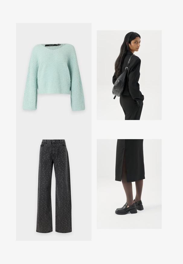 Svetle mint zelena kratka jopica z V-izrezom, dolgimi rokavi in teksturirano pletenino. Ima ohlapen kroj in mehak videz.; Noisy May NMJANNEL LOOSE - Široke kavbojke - black denim; Črne usnjene čevlje s zaobljenim prstom, debelim blokastim petama in elastičnimi stranskimi detajli, v kombinaciji s temno nogavicami in črno krilo z razporkom.; Ženska z dolgimi temnimi lasmi, oblečena v črn kostim, nosi črno usnjeno torbo čez ramo in se ozira čez ramo proti beli podlagi.; Srebrne uhane v obliki obroča z minimalističnim dizajnom. Krožna oblika, gladka tekstura in tanek profil. Lahki s poliranim zaključkom.