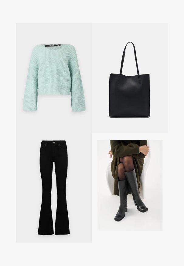 Világos menta zöld, cropped pulóver V-kivágással, hosszú ujjakkal és textúrált kötött anyaggal. Laza illeszkedésű és puha megjelenésű.; Fekete, magas derekú farmernadrág gomb- és cipzárzárral, elülső zsebekkel és harangszárral, laposan egy fehér háttérre terítve.; Térdfelett érő fekete bőr csizmák négyzet alakú orral és tömbtalppal, olajzöld kabátban ülő modellel bemutatva. Simaság, minimalista részletezés.; Fekete bőrtáska sima felszínnel, téglalap alakú, két hosszú füllel. Nincs látható fémkiegészítő vagy díszítés.