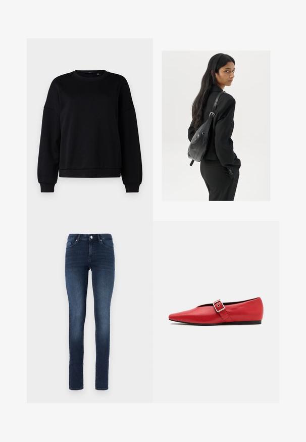 Čierna mikina, okrúhly výstrih, voľné ramená, rebrované manžety a lem, hladká textura, voľný strih, minimálny dizajn bez vzorov alebo grafiky.; Biela bezrukávová tielko vyrobené z rebrovanej látky, s okrúhlym výstrihom a priliehavým strihom, s minimálnymi švami a bez ozdôb.; Tmavo modré úzke džínsové nohavice s klasickým päť vreckovým dizajnom, s gombíkovým zapínaním a jemným vyblednutím na stehnách.; Červená kožená balerína s špicatou špičkou, vybavená bočným popruhom s kovovou prackou a nízkym čiernym podpätkom. Hladká textura po celom povrchu.; Žena s dlhými tmavými vlasmi, oblečená v čiernom obleku, nesúca čiernu koženú kabelku na ramene, pozerajúca cez rameno na bielom pozadí.