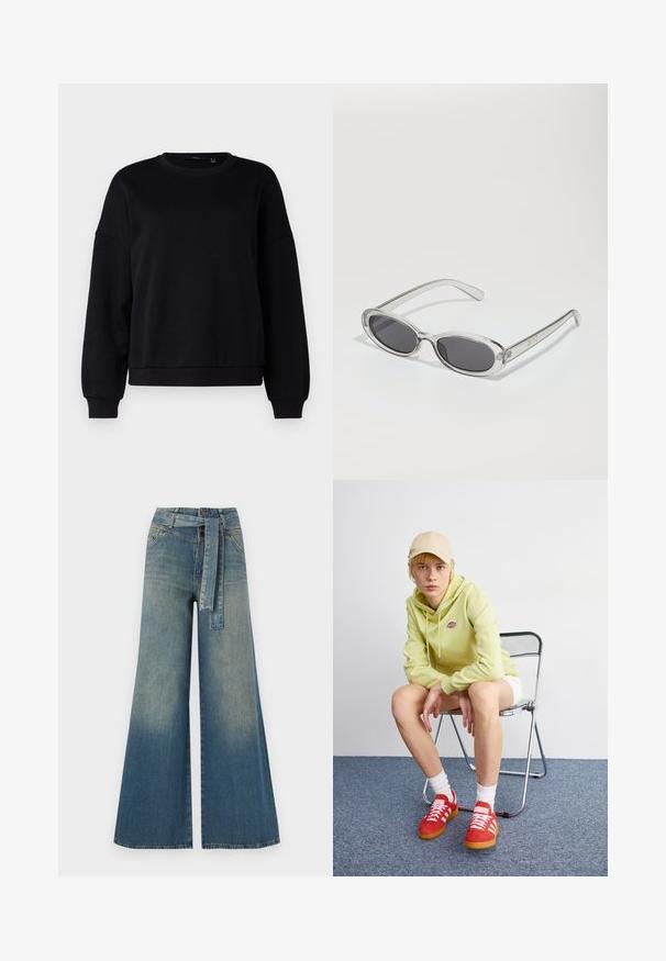 Sweatshirt preto, com decote redondo, ombros caídos, punhos e bainha canelados, textura suave, corte folgado, design minimalista sem padrões ou gráficos.; Calças de ganga de perna larga com um gradiente de azul claro a escuro, cintura alta, passantes para cinto e um cinto de tecido a condizer. Acabamento em ganga texturizada.; Hoodie verde claro com logótipo, calções brancos, ténis vermelhos com riscas brancas, sentado numa cadeira de alumínio contra um fundo neutro.; Óculos de sol com formato oval, armação de plástico transparente, lentes cinza-escuro e hastes finas transparentes com detalhes do logótipo e um design minimalista.