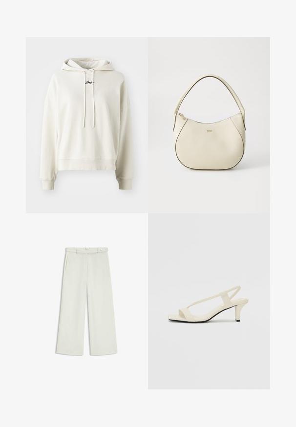 Huppari vaalean kermanvärinen, puuvillamateriaali, rento malli, säädettävä huppu, ribbireunukset hihoissa ja helmassa, brodeerattu logo rinnassa.; Housut leveillä lahkeilla vaalean kermaisessa kankaassa, jossa on sivutaskut, litteä etuosa ja yksi nappikiinnitys vyötäröllä. Silkkinen pinta.; Beige sandaalit, joissa on loiva korko, ohuet hihnat ja neliönmallinen varvasosa. Sileä materiaali, jossa on minimaalista yksityiskohtaa, suunniteltu helppokäyttöiseksi.; Kermakallinen käsilaukku tekstuuripinnalla, kaarevassa muodossa, lyhyellä varrella ja kultaisella logotunnuksella. Vetoketjukiinnitys ylhäällä.