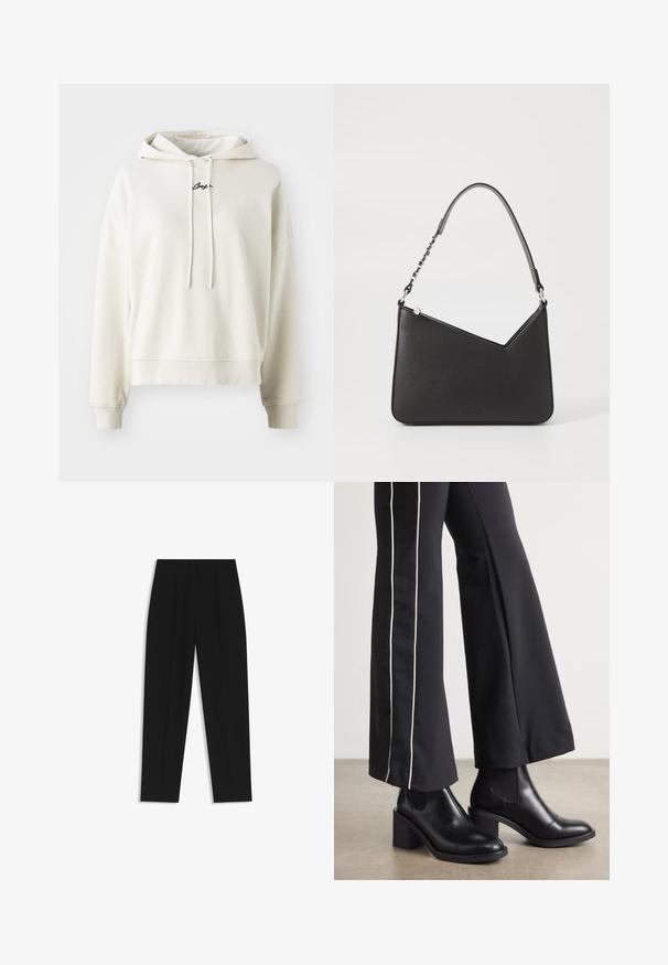 Hoodie couleur crème, en matériau coton, coupe décontractée, capuche avec cordon de serrage, poignets et ourlet côtelés, logo brodé sur la poitrine.; Pantalon noir à coupe droite, avec des plis doubles, une texture lisse et un design de taille classique. Pas de matériel ou d'accents visibles.; Bottines en cuir Noir avec un talon bloc, dotées de panneaux élastiques sur les côtés. Associées à un pantalon noir avec une rayure blanche sur le côté.; Sac à main en cuir noir, de forme triangulaire, avec une sangle fine et des accessoires en métal argenté. Il dispose d'une fermeture zippée et d'un logo embossé à l'avant.