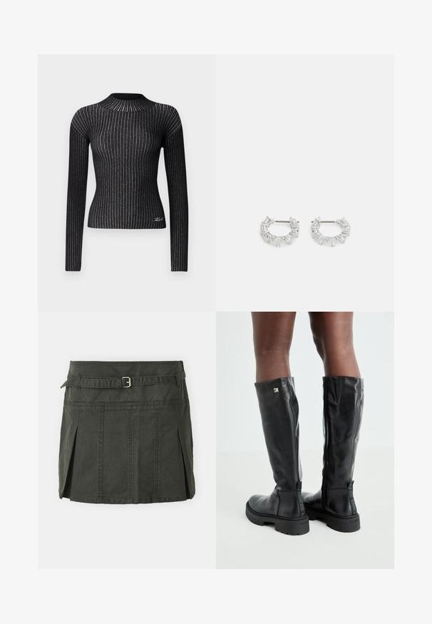 Pulover negru, cu mânecă lungă, din material elastic cu fire metalice, guler rotund, siluetă ajustată, având un detaliu subtil cu logo la tiv.; Fustă mini de bumbac, verde închis, cu talie ajustată, curea și plisse frontale. Prezintă detalii de cusătură și o croială clasică.; Cizme negre din piele, până la genunchi, cu o textură netedă, vârf rotund, talpă masivă și închidere cu fermoar. Prezintă un logo argintiu pe lateral.; Cercei argintii în formă de cerc, pe care sunt așezate cristale clare, rectangulare și triangulară, dispuse într-un design patterned. Acestora le sunt atașate piese pentru o fixare sigură.