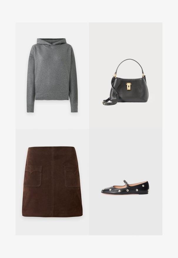 Sudadera gris hecha de una suave tela texturada. Cuenta con una capucha con cordón, mangas largas y un corte ligeramente recortado y holgado.; Falda de ante marrón con una clásica forma de A, dos bolsillos frontales con solapas redondeadas y detalles de costura sutiles.; Zapato plano tipo Mary Jane de cuero negro con punta redonda, adornado con tachuelas circulares plateadas y una correa ajustable con hebilla.; Bolso de mano de piel negra con un acabado texturizado, que cuenta con un cierre de candado dorado, un asa corta y una correa de hombro desmontable.