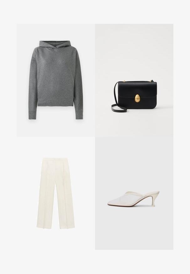 Grå hoodie gjord av ett mjukt, texturerat tyg. Har en dragsko i huvan, långa ärmar och en något kortad, avslappnad passform.; Breda byxor i en ljus krämfärg. Tillverkade av ett mjukt tyg med veck fram och sidofickor.; Vit nät-mule med spetsig tå, smal klack i medelhöjd och slip-on design mot en enkel bakgrund.; Svart läderhandväska med en strukturerad rektangulär form. Har ett gyllene ovalt lås och ett tunt axelband. Slät textur.