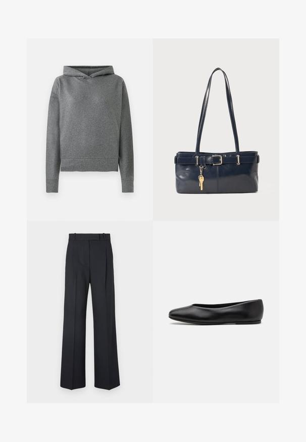 Siva dukserica s kapuljačom izrađena od mekog, teksturiranog materijala. Ima vezicu na kapuljači, duge rukave i blago skraćeni, opušteni kroj.; Tamno plave prugaste hlače visokog struka, širokih nogavica, bez vidljive opreme ili ukrasa. Glatka tekstura i kroj prilagođen tijelu.; Paul Smith TOPANGA - Balerinke - black; Morska kožna torbica s dva duga ramena, detaljem kopče i privjeskom za ključeve. Ima glatku teksturu i pravokutni oblik.